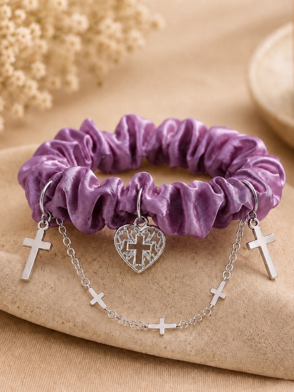 Purple Satin Scrunchie Bracelet with Silver Cross Charms